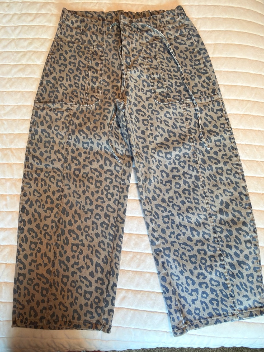 Leopard Print Drawstring Pants - Brown